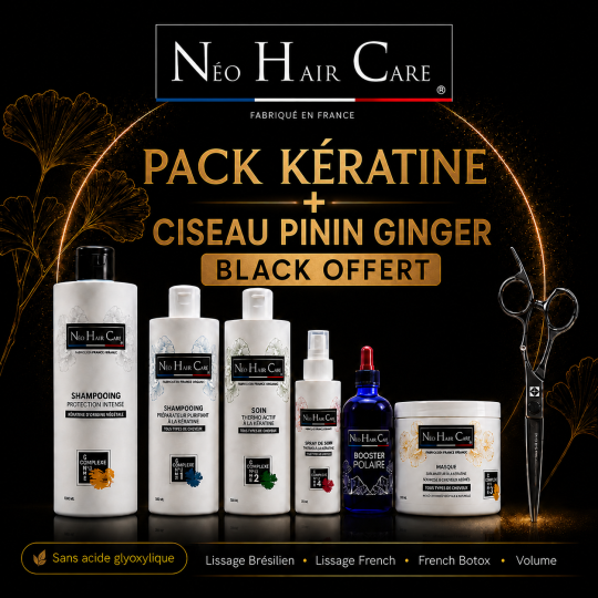 pack kératine avec ciseau pinin ginger black offert. Lissage brésilien Néo Hair Care